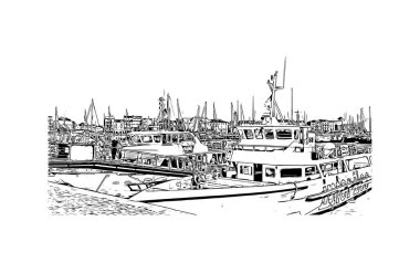 La Rochelle 'in simgesi olan Print Building View, Fransa' da bir şehirdir. Vektörde elle çizilmiş çizim çizimi.