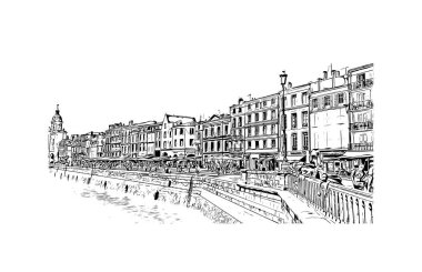 La Rochelle 'in simgesi olan Print Building View, Fransa' da bir şehirdir. Vektörde elle çizilmiş çizim çizimi.