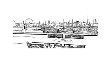 La Rochelle 'in simgesi olan Print Building View, Fransa' da bir şehirdir. Vektörde elle çizilmiş çizim çizimi.