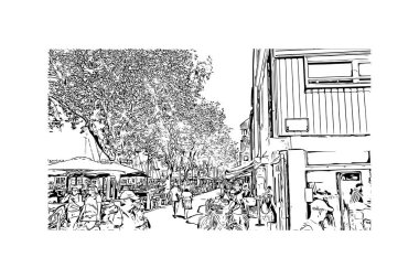La Rochelle 'in simgesi olan Print Building View, Fransa' da bir şehirdir. Vektörde elle çizilmiş çizim çizimi.