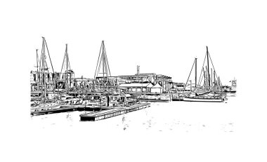 La Rochelle 'in simgesi olan Print Building View, Fransa' da bir şehirdir. Vektörde elle çizilmiş çizim çizimi.