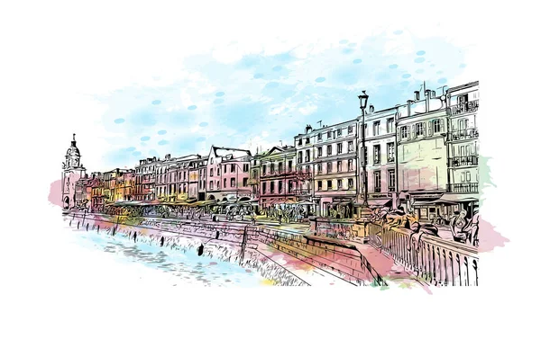 La Rochelle 'in simgesi olan Print Building View, Fransa' da bir şehirdir. Vektörde elle çizilmiş resim ile suluboya sıçraması.