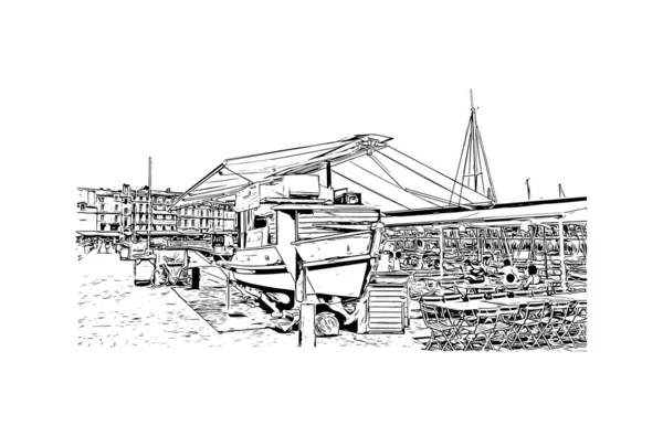 La Rochelle 'in simgesi olan Print Building View, Fransa' da bir şehirdir. Vektörde elle çizilmiş çizim çizimi.