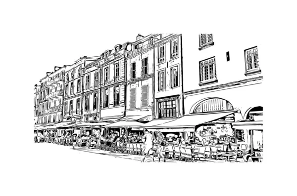 Imprimir Vista Del Edificio Con Hito Rochelle Ciudad Francia Dibujo — Archivo Imágenes Vectoriales