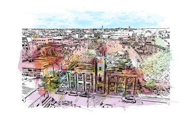 Print Building view with landmark of La Romana, Dominik Cumhuriyeti 'nde bir şehirdir. Vektörde elle çizilmiş resim ile suluboya sıçraması