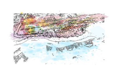 Print Building view with landmark of La Romana, Dominik Cumhuriyeti 'nde bir şehirdir. Vektörde elle çizilmiş resim ile suluboya sıçraması