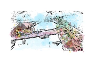 Print Building view with landmark of La Romana, Dominik Cumhuriyeti 'nde bir şehirdir. Vektörde elle çizilmiş resim ile suluboya sıçraması