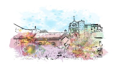 Print Building view with landmark of La Spezia, İtalya 'da bir liman kentidir. Vektörde elle çizilmiş resim ile suluboya sıçraması.