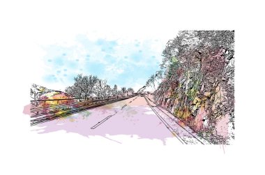 Laax 'ın simgesi olan Print Building view, İsviçre' de bulunan bir belediyedir. Vektörde elle çizilmiş resim ile suluboya sıçraması.