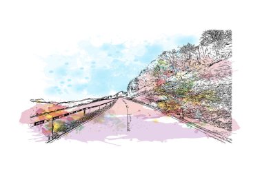 Laax 'ın simgesi olan Print Building view, İsviçre' de bulunan bir belediyedir. Vektörde elle çizilmiş resim ile suluboya sıçraması.