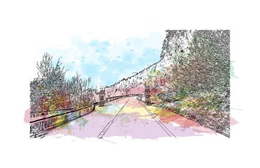 Laax 'ın simgesi olan Print Building view, İsviçre' de bulunan bir belediyedir. Vektörde elle çizilmiş resim ile suluboya sıçraması.