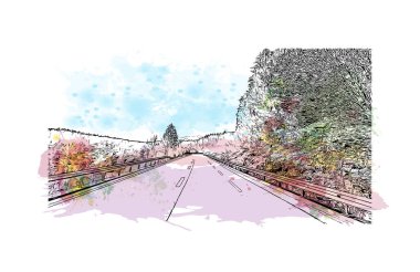 Laax 'ın simgesi olan Print Building view, İsviçre' de bulunan bir belediyedir. Vektörde elle çizilmiş resim ile suluboya sıçraması.