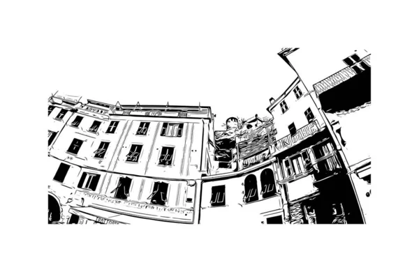 Print Building view with landmark of La Spezia, İtalya 'da bir liman kentidir. Vektörde elle çizilmiş çizim çizimi.