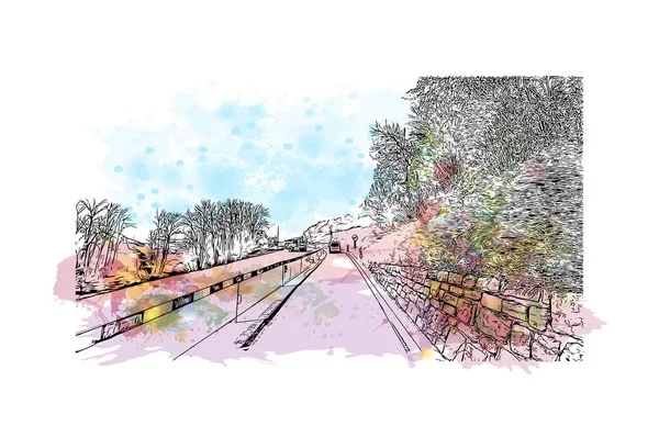 Laax 'ın simgesi olan Print Building view, İsviçre' de bulunan bir belediyedir. Vektörde elle çizilmiş resim ile suluboya sıçraması.