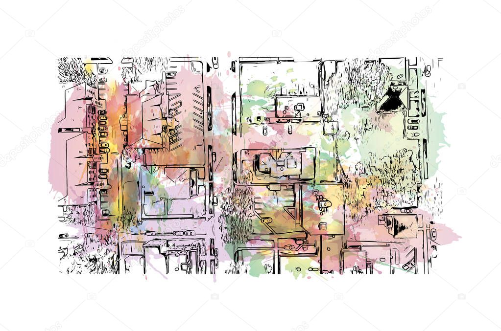 Print  Building view with landmark of Lafayette is the city in Indiana. Watercolor splash with hand drawn sketch illustration in vector.