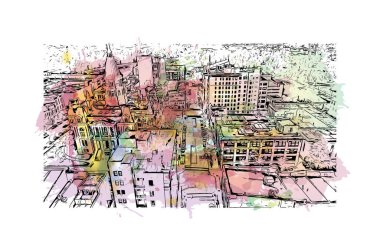 Print Building view with landmark of Lafayette is the city in Indiana. Vektörde elle çizilmiş resim ile suluboya sıçraması.