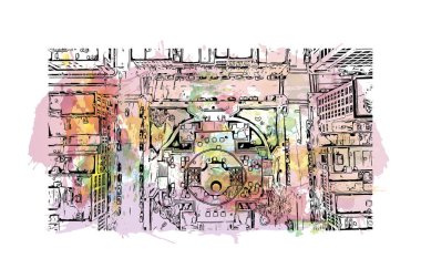 Print Building view with landmark of Lafayette is the city in Indiana. Vektörde elle çizilmiş resim ile suluboya sıçraması.