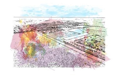 Print Building view with landmark of Lafayette is the city in Indiana. Vektörde elle çizilmiş resim ile suluboya sıçraması.