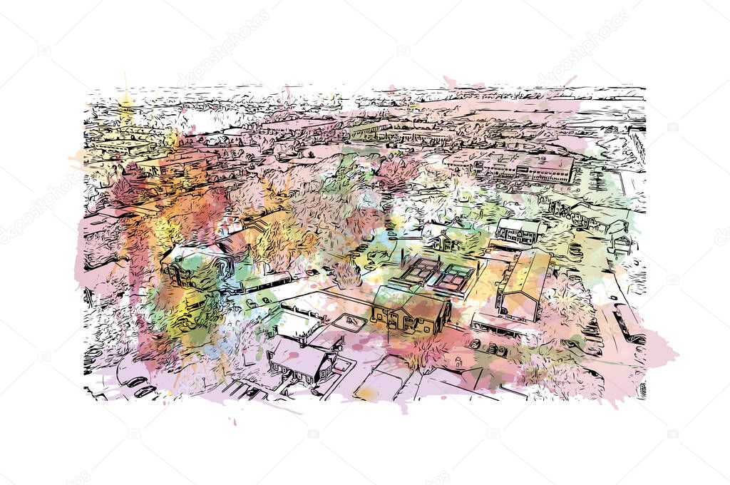 Print Building view with landmark of Lafayette is the city in Indiana. Watercolor splash with hand drawn sketch illustration in vector.