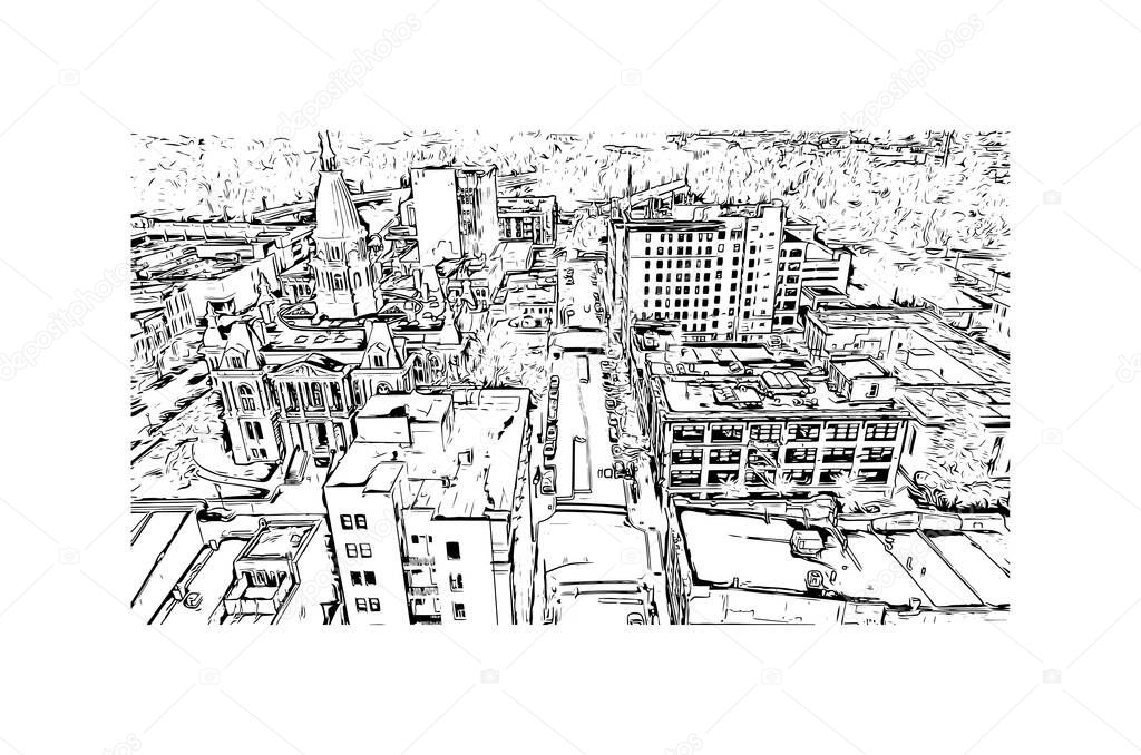 Print Building view with landmark of Lafayette is the city in Indiana. Hand drawn sketch illustration in vector.