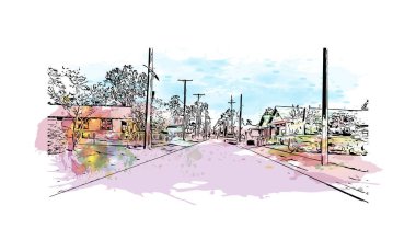 Print Building view with landmark of Lafayette Güney Louisiana 'da bir şehirdir. Vektörde elle çizilmiş resim ile suluboya sıçraması.