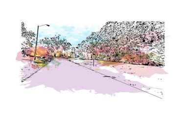 Print Building view with landmark of Lafayette Güney Louisiana 'da bir şehirdir. Vektörde elle çizilmiş resim ile suluboya sıçraması.