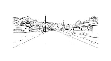 Print Building view with landmark of Lafayette Güney Louisiana 'da bir şehirdir. Vektörde elle çizilmiş çizim çizimi.