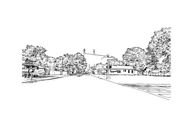 Print Building view with landmark of Lafayette Güney Louisiana 'da bir şehirdir. Vektörde elle çizilmiş çizim çizimi.