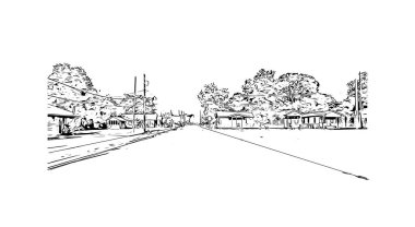 Print Building view with landmark of Lafayette Güney Louisiana 'da bir şehirdir. Vektörde elle çizilmiş çizim çizimi.