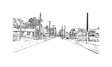 Print Building view with landmark of Lafayette Güney Louisiana 'da bir şehirdir. Vektörde elle çizilmiş çizim çizimi.