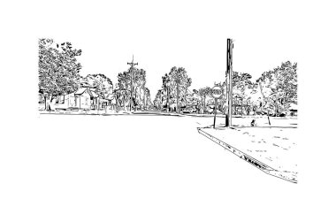 Print Building view with landmark of Lafayette Güney Louisiana 'da bir şehirdir. Vektörde elle çizilmiş çizim çizimi.