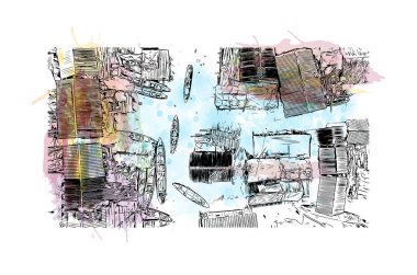 Lagos 'un simgesi olan Print Building View Nijerya' da yer almaktadır. Vektörde elle çizilmiş resim ile suluboya sıçraması.