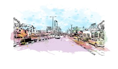 Lagos 'un simgesi olan Print Building View Nijerya' da yer almaktadır. Vektörde elle çizilmiş resim ile suluboya sıçraması.