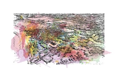 Lagos 'un simgesi olan Print Building View Nijerya' da yer almaktadır. Vektörde elle çizilmiş resim ile suluboya sıçraması.