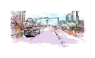 Lagos 'un simgesi olan Print Building View Nijerya' da yer almaktadır. Vektörde elle çizilmiş resim ile suluboya sıçraması.