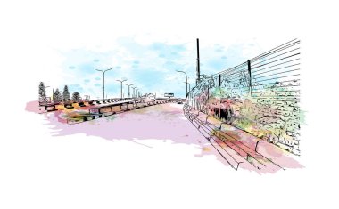 Lagos 'un simgesi olan Print Building View Nijerya' da yer almaktadır. Vektörde elle çizilmiş resim ile suluboya sıçraması.