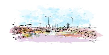 Lagos 'un simgesi olan Print Building View Nijerya' da yer almaktadır. Vektörde elle çizilmiş resim ile suluboya sıçraması.