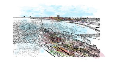 Lagos 'un simgesi olan Print Building View Nijerya' da yer almaktadır. Vektörde elle çizilmiş resim ile suluboya sıçraması.