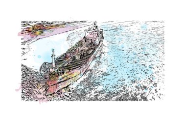 Lagos 'un simgesi olan Print Building View Nijerya' da yer almaktadır. Vektörde elle çizilmiş resim ile suluboya sıçraması.