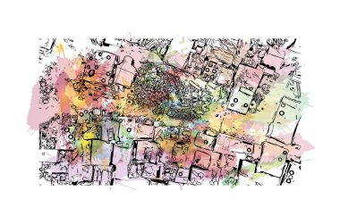 Lagos 'un simgesi olan Print Building View Nijerya' da yer almaktadır. Vektörde elle çizilmiş resim ile suluboya sıçraması.