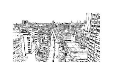 Lagos 'un simgesi olan Print Building View Nijerya' da yer almaktadır. Vektörde elle çizilmiş çizim çizimi.