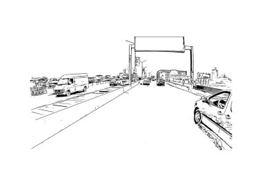 Lagos 'un simgesi olan Print Building View Nijerya' da yer almaktadır. Vektörde elle çizilmiş çizim çizimi.