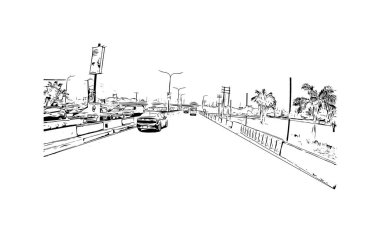 Lagos 'un simgesi olan Print Building View Nijerya' da yer almaktadır. Vektörde elle çizilmiş çizim çizimi.