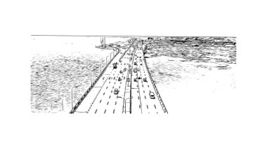 Lagos 'un simgesi olan Print Building View Nijerya' da yer almaktadır. Vektörde elle çizilmiş çizim çizimi.