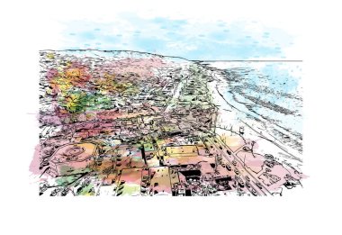 Print Building view with landmark of Laguna Beach, Kaliforniya 'da küçük bir sahil kentidir. Vektörde elle çizilmiş resim ile suluboya sıçraması. 