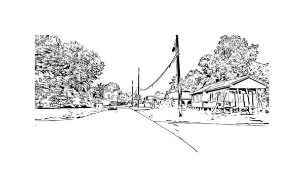 라파예트의 랜드마크가 루이지애나 남부의 도시이다 벡터로 손으로 스케치 — 스톡 벡터