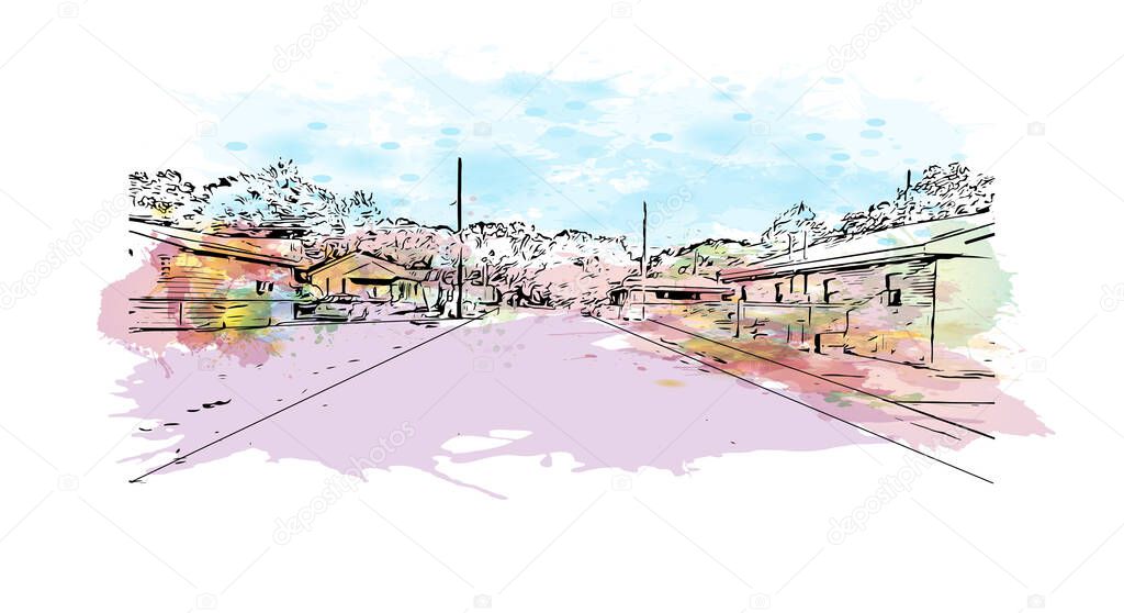 Print Building view with landmark of Lafayette is a city in southern Louisiana. Watercolor splash with hand drawn sketch illustration in vector.