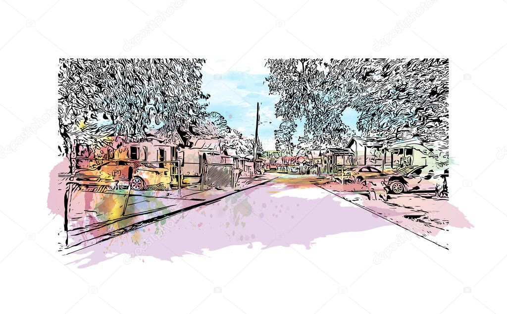 Print Building view with landmark of Lafayette is a city in southern Louisiana. Watercolor splash with hand drawn sketch illustration in vector.
