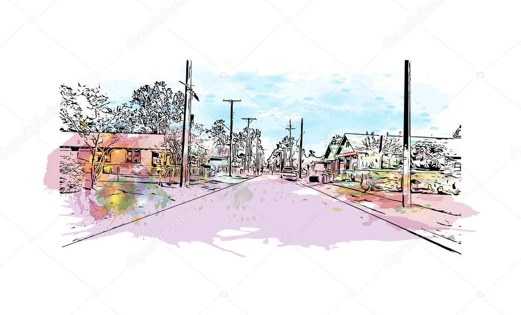 Print  Building view with landmark of Lafayette is a city in southern Louisiana. Watercolor splash with hand drawn sketch illustration in vector.