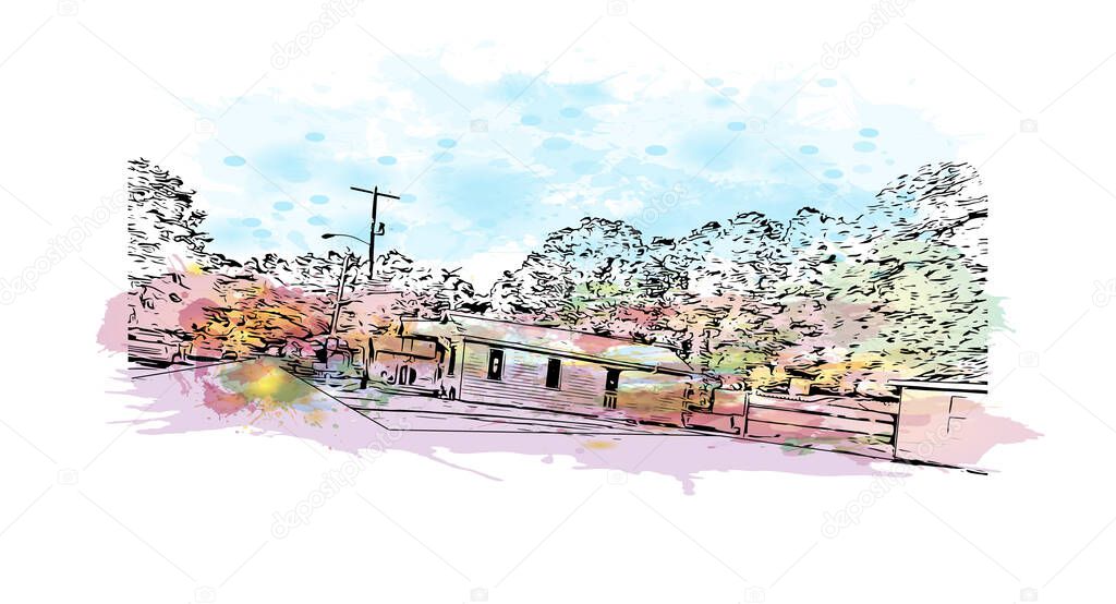 Print  Building view with landmark of Lafayette is a city in southern Louisiana. Watercolor splash with hand drawn sketch illustration in vector.